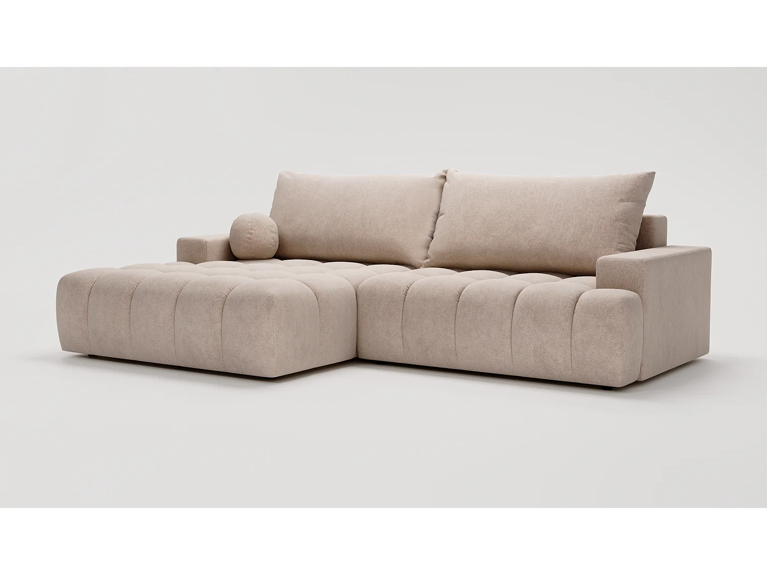 Canapé d'angle convertible Novira 270 cm pour salon, style moderne, coffre de rangement, coussins, gauche, beige