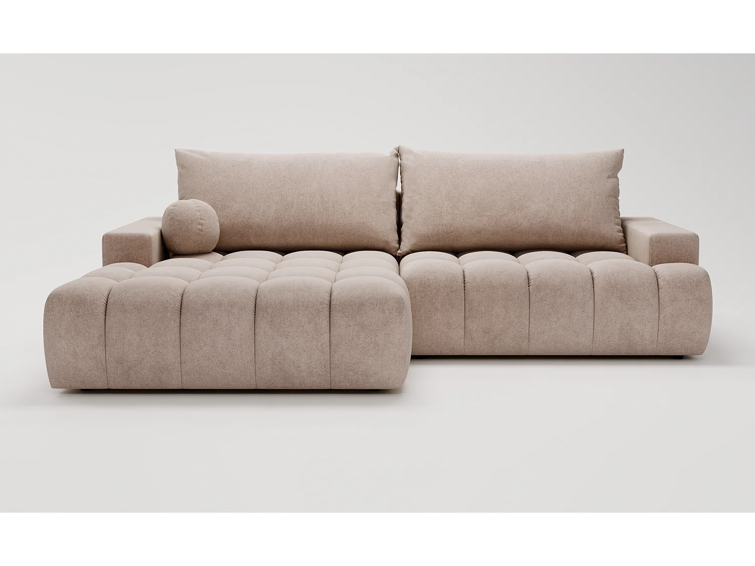 Canapé d'angle convertible Novira 270 cm pour salon, style moderne, coffre de rangement, coussins, gauche, beige