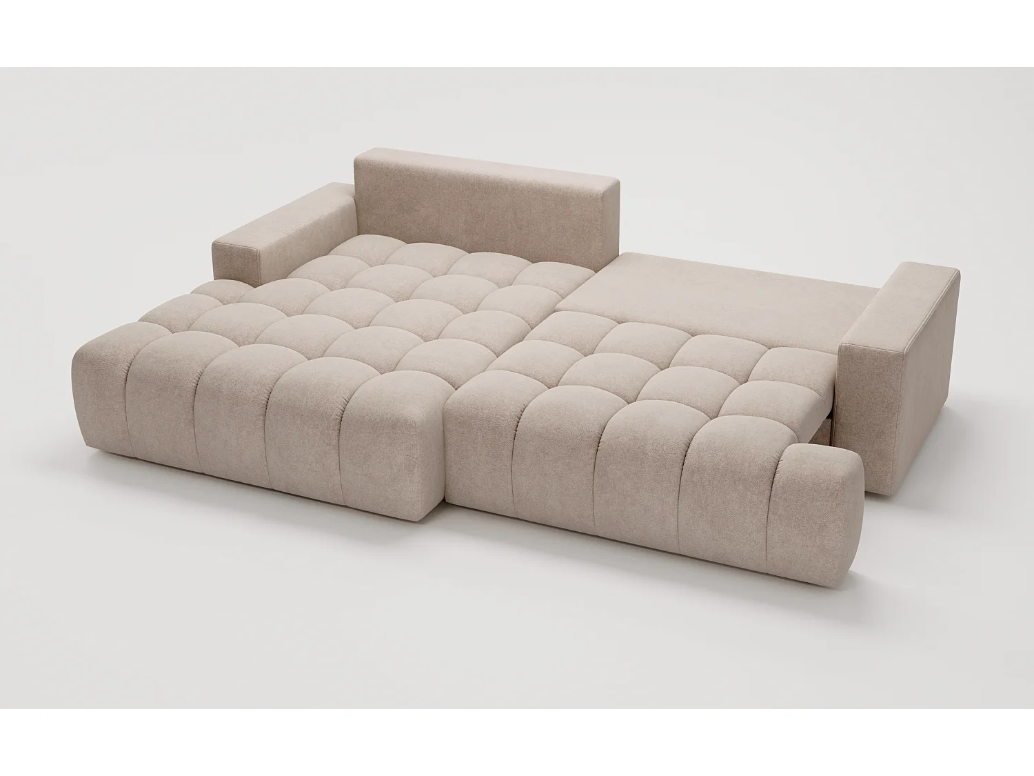 Canapé d'angle convertible Novira 270 cm pour salon, style moderne, coffre de rangement, coussins, gauche, beige