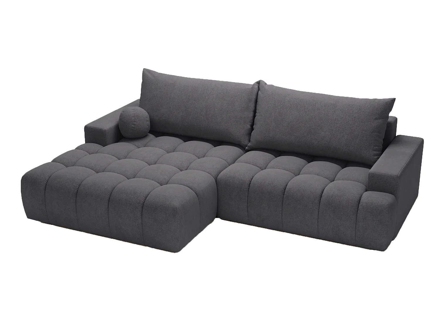 Canapé d'angle convertible Novira 270 cm pour salon, style moderne, coffre de rangement, coussins, gauche, gris foncé