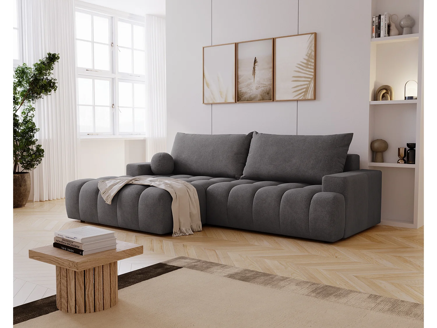 Canapé d'angle convertible Novira 270 cm pour salon, style moderne, coffre de rangement, coussins, gauche, gris foncé