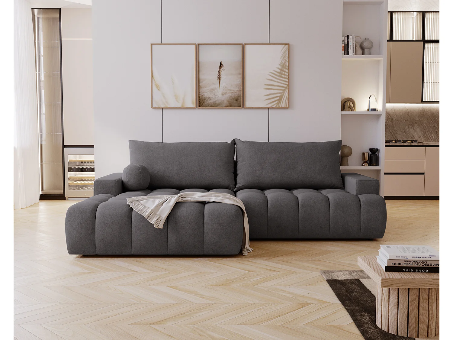 Canapé d'angle convertible Novira 270 cm pour salon, style moderne, coffre de rangement, coussins, gauche, gris foncé