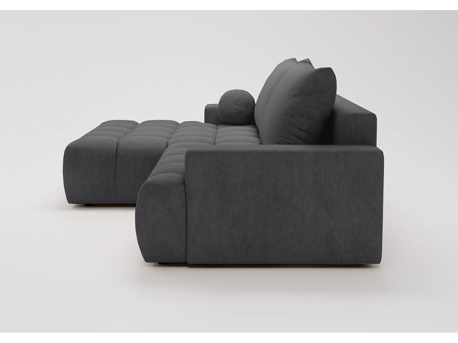 Canapé d'angle convertible Novira 270 cm pour salon, style moderne, coffre de rangement, coussins, gauche, gris foncé