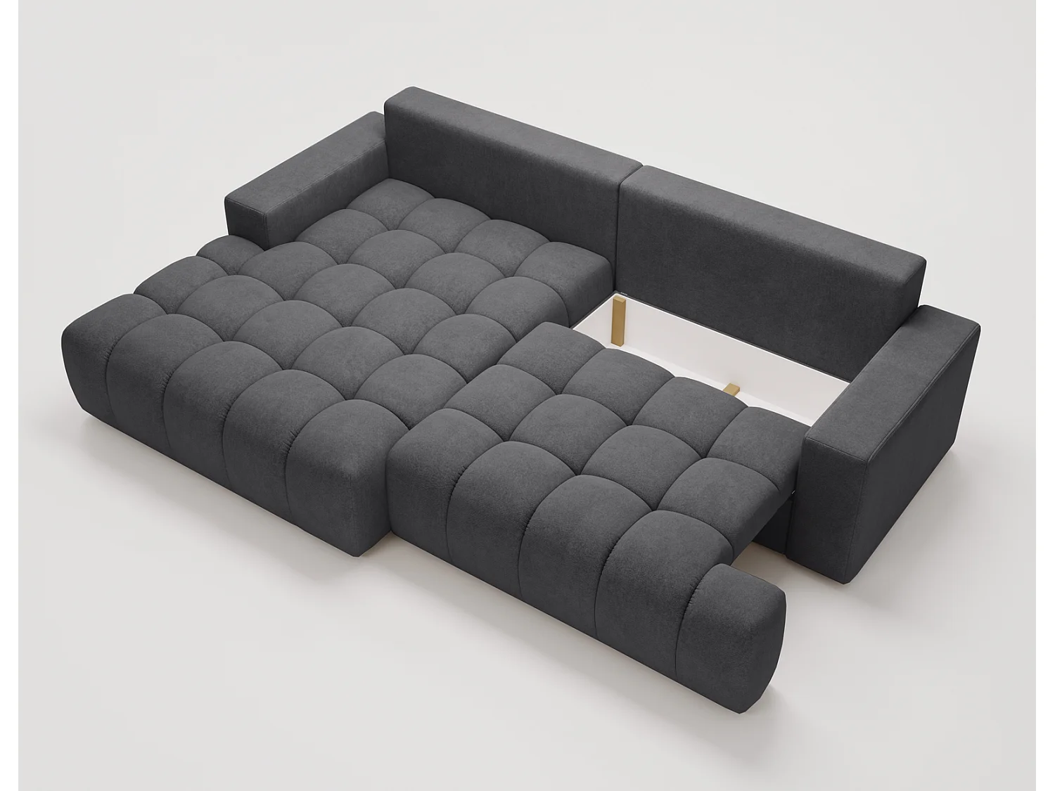 Canapé d'angle convertible Novira 270 cm pour salon, style moderne, coffre de rangement, coussins, gauche, gris foncé