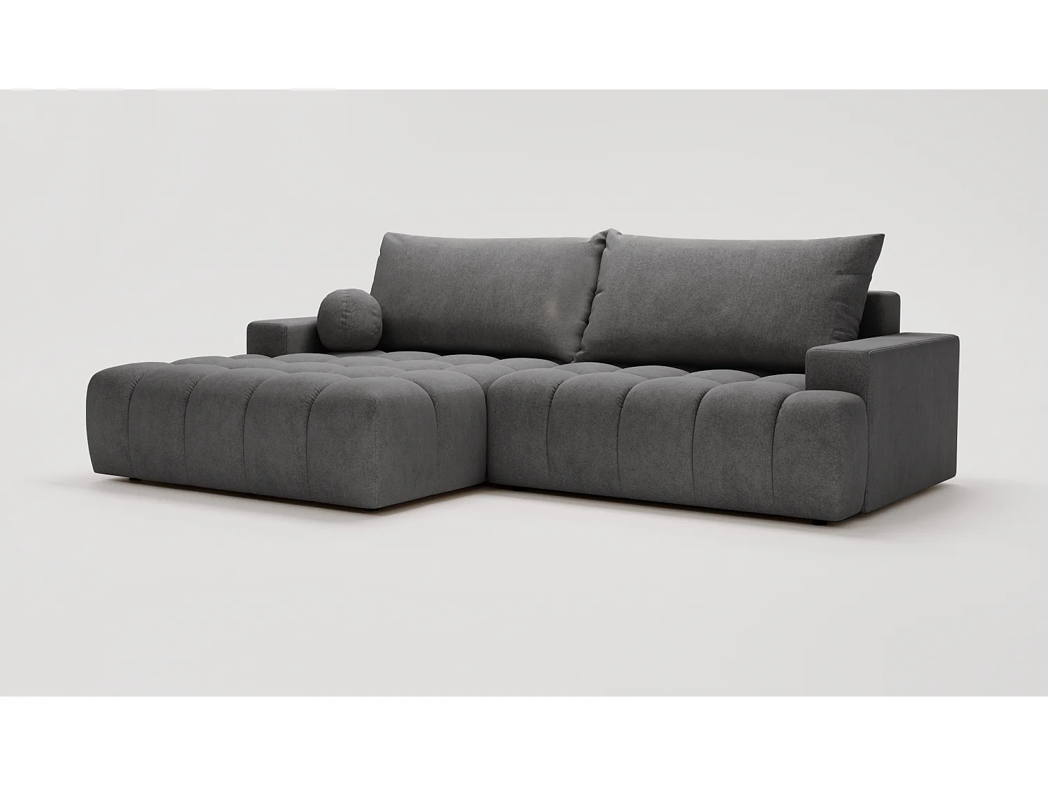 Canapé d'angle convertible Novira 270 cm pour salon, style moderne, coffre de rangement, coussins, gauche, gris foncé