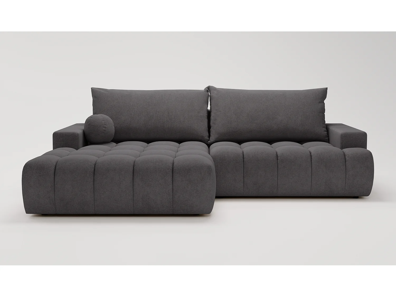 Canapé d'angle convertible Novira 270 cm pour salon, style moderne, coffre de rangement, coussins, gauche, gris foncé