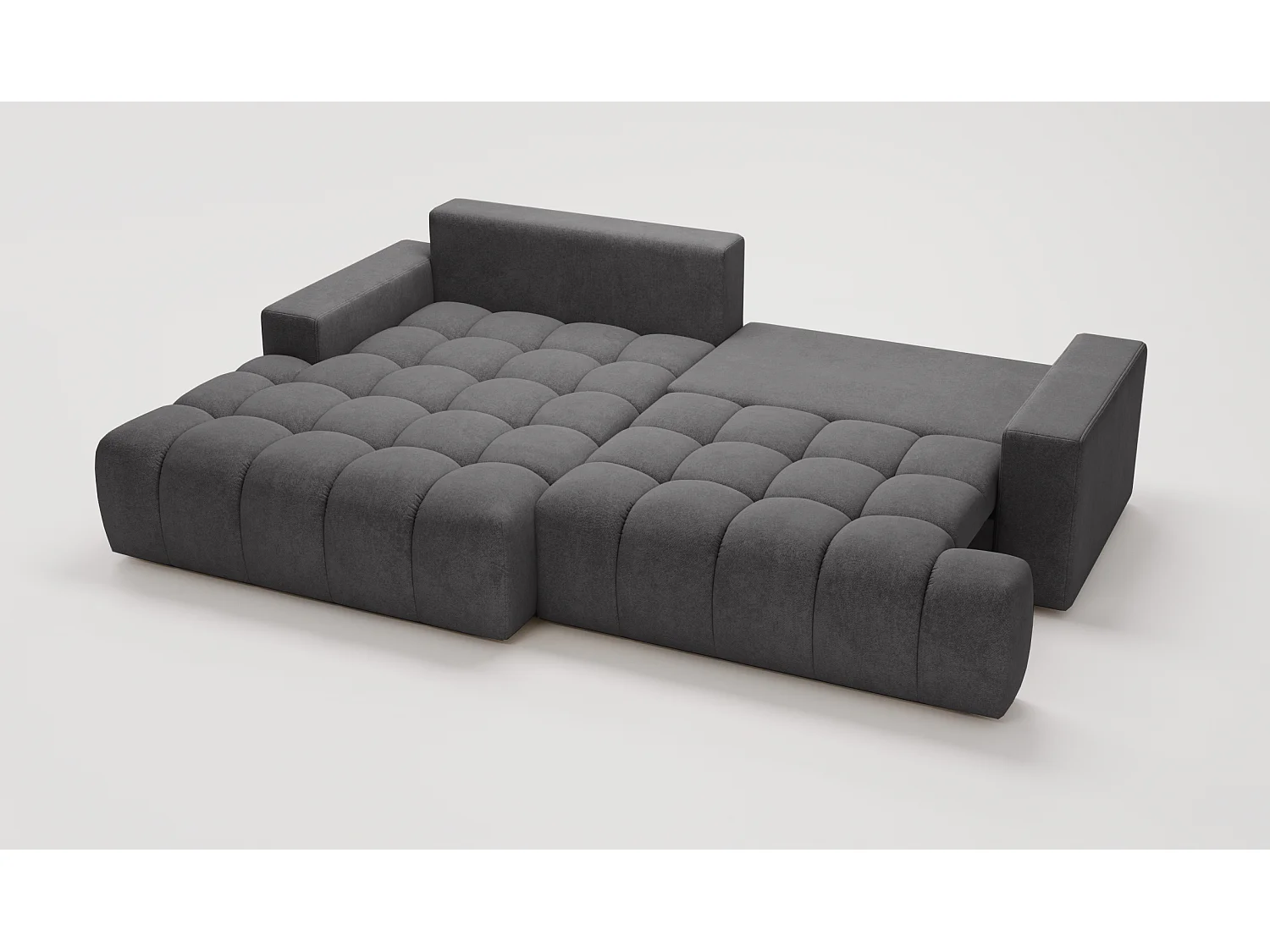Canapé d'angle convertible Novira 270 cm pour salon, style moderne, coffre de rangement, coussins, gauche, gris foncé