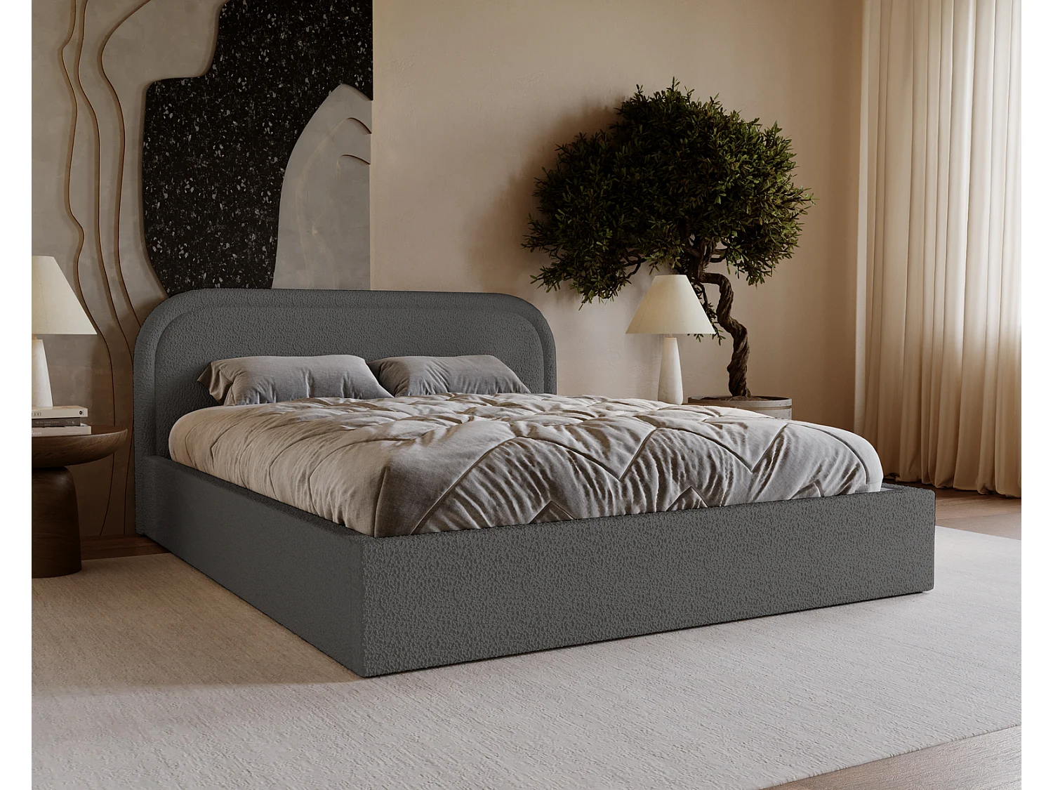 Lit bouclé 180x200 Dune avec tête de lit arrondie, coffre de rangement, sommier à lattes, Gris foncé