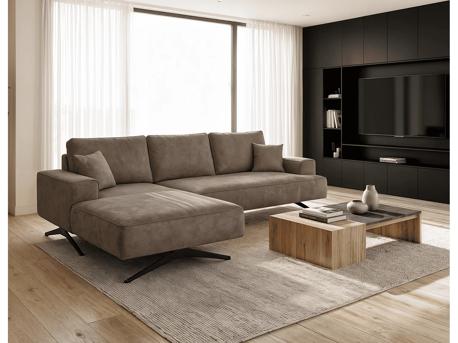 Ecksofa Zenaro in L-Form auf Füßen - modernes Design, Sofa 260 cm, links, Braun