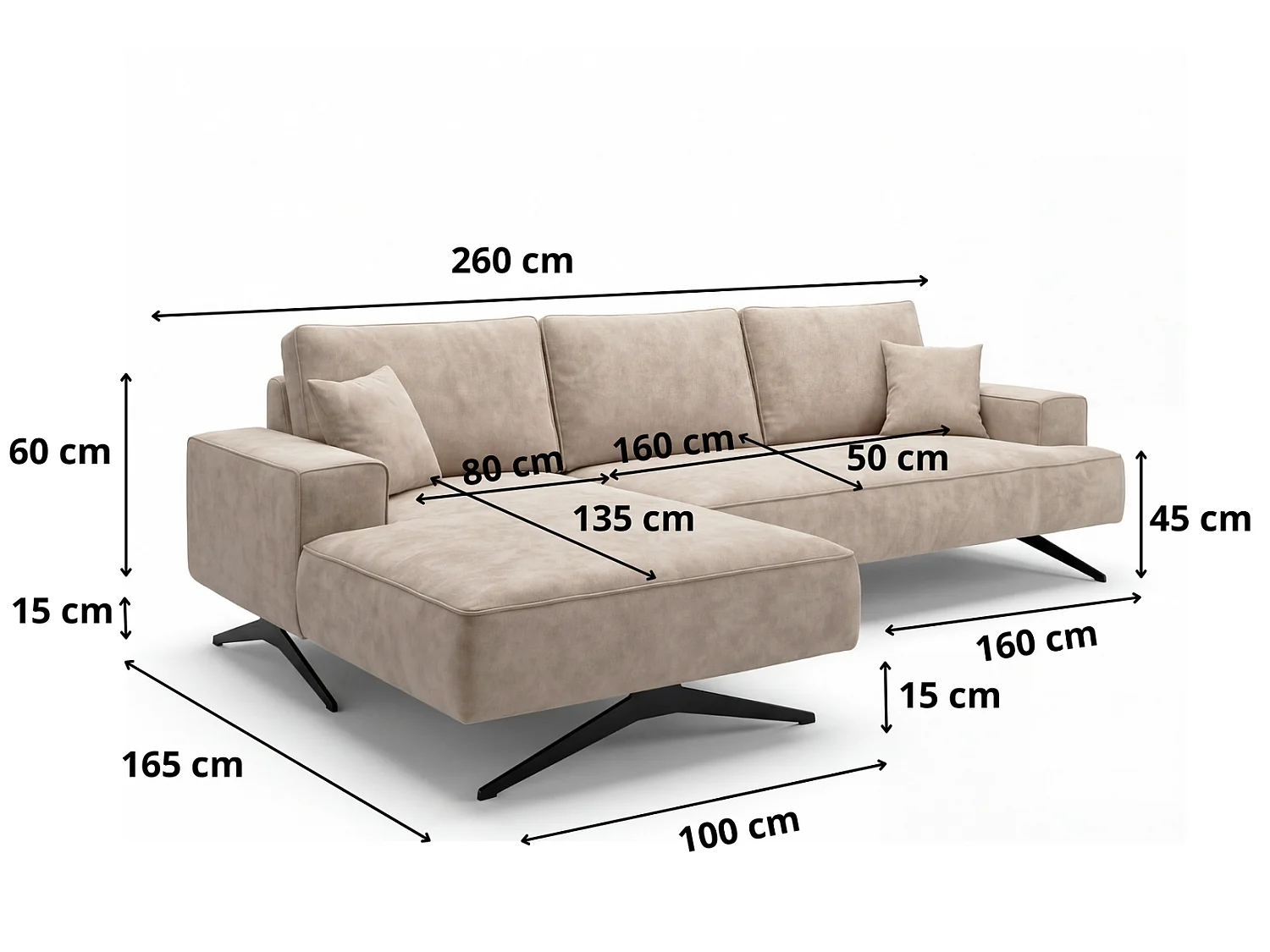 Ecksofa Zenaro in L-Form auf Füßen - modernes Design, Sofa 260 cm, links, Braun