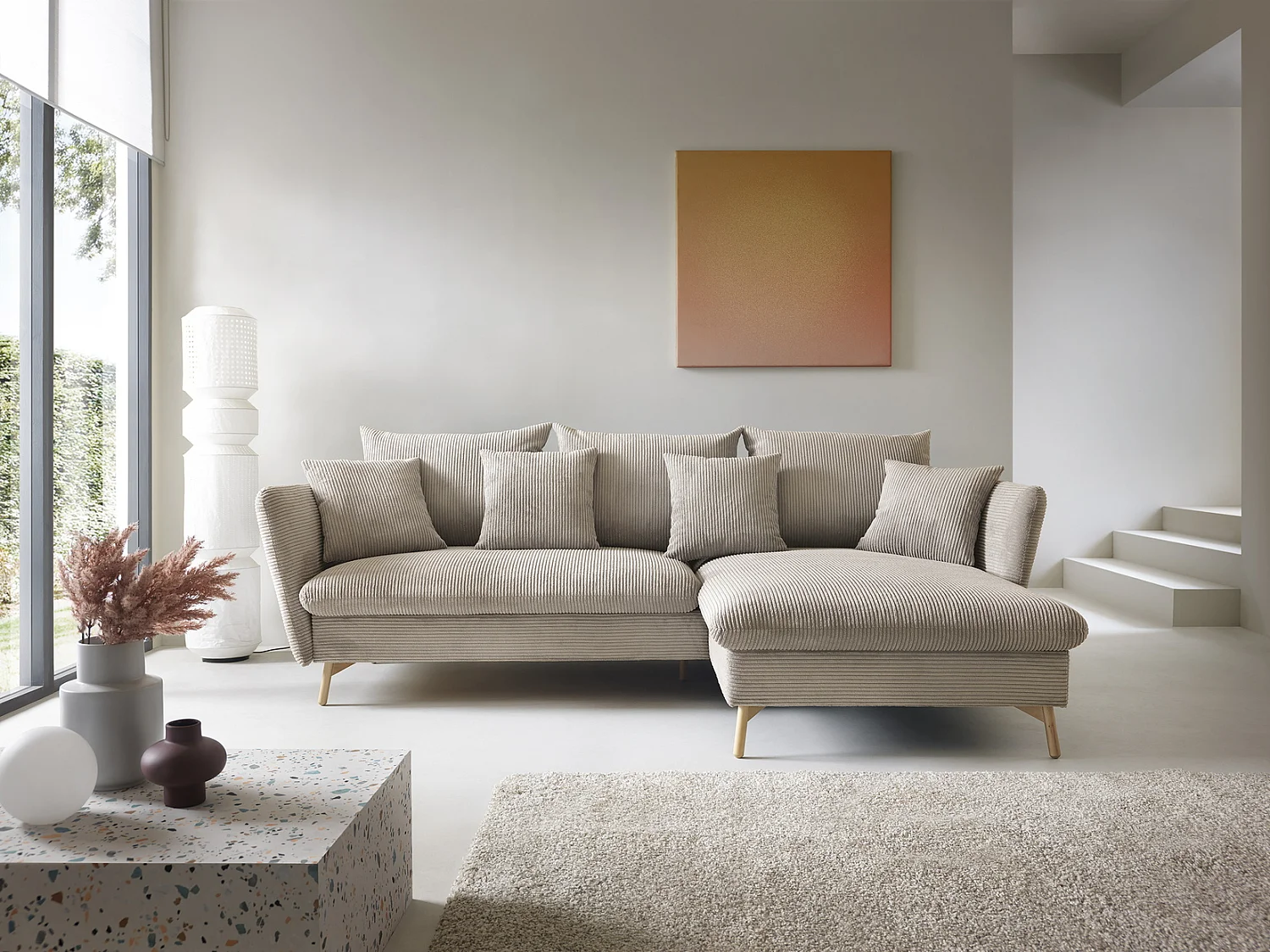 Canapé d'angle convertible Savona 260 cm, velours côtelé, droite - canapé d'angle avec coffre de rangement, beige