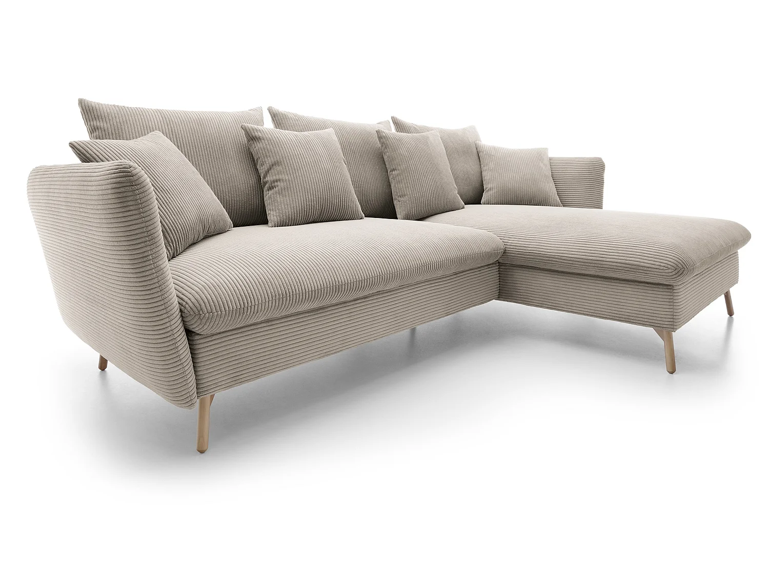 Canapé d'angle convertible Savona 260 cm, velours côtelé, droite - canapé d'angle avec coffre de rangement, beige