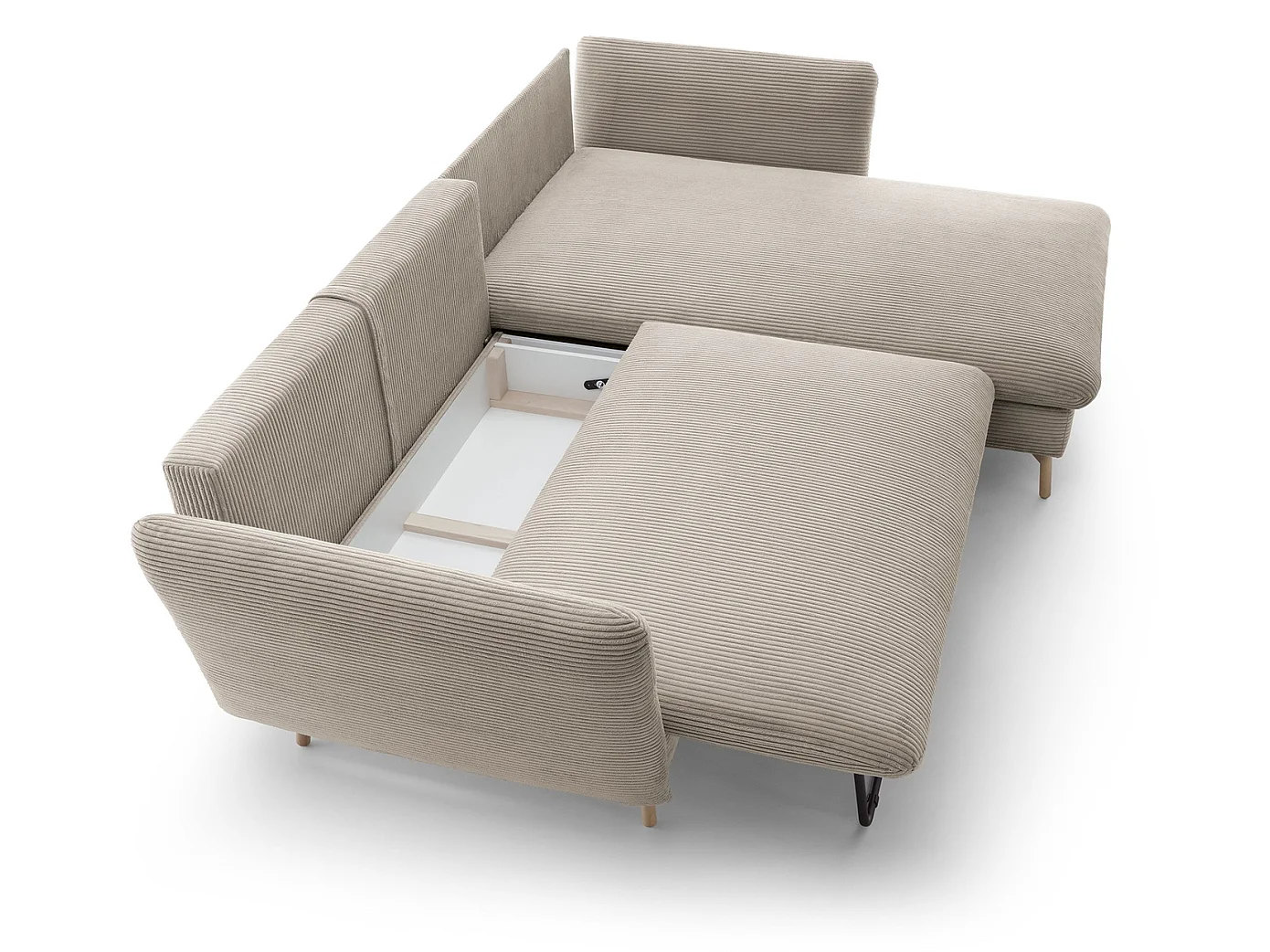 Canapé d'angle convertible Savona 260 cm, velours côtelé, droite - canapé d'angle avec coffre de rangement, beige