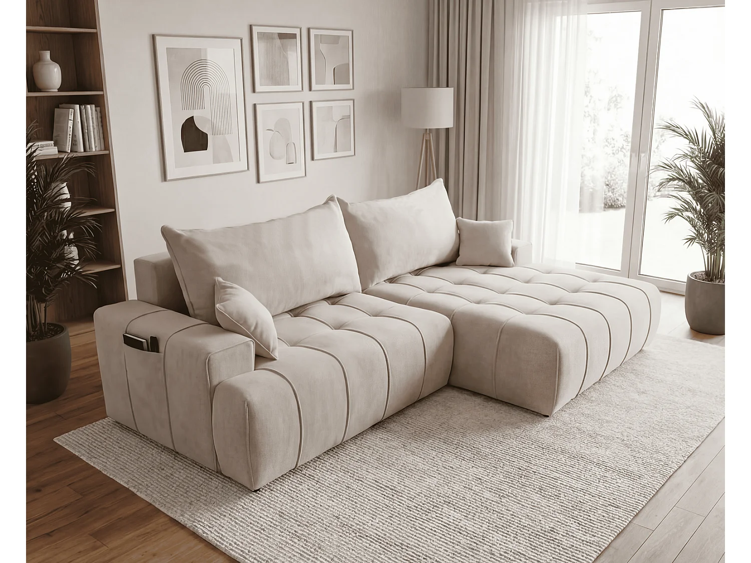 Canapé d'angle moderne Arvio 270 cm, convertible avec rangement, canapé design pour salon, droite, beige