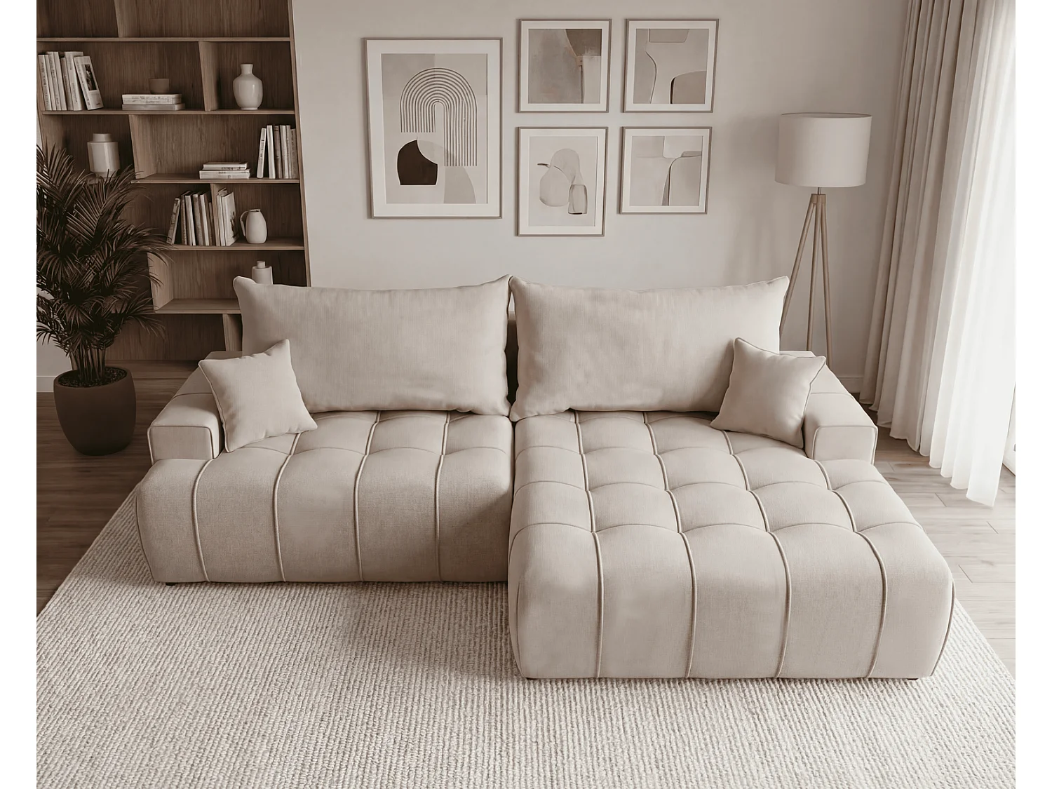 Canapé d'angle moderne Arvio 270 cm, convertible avec rangement, canapé design pour salon, droite, beige