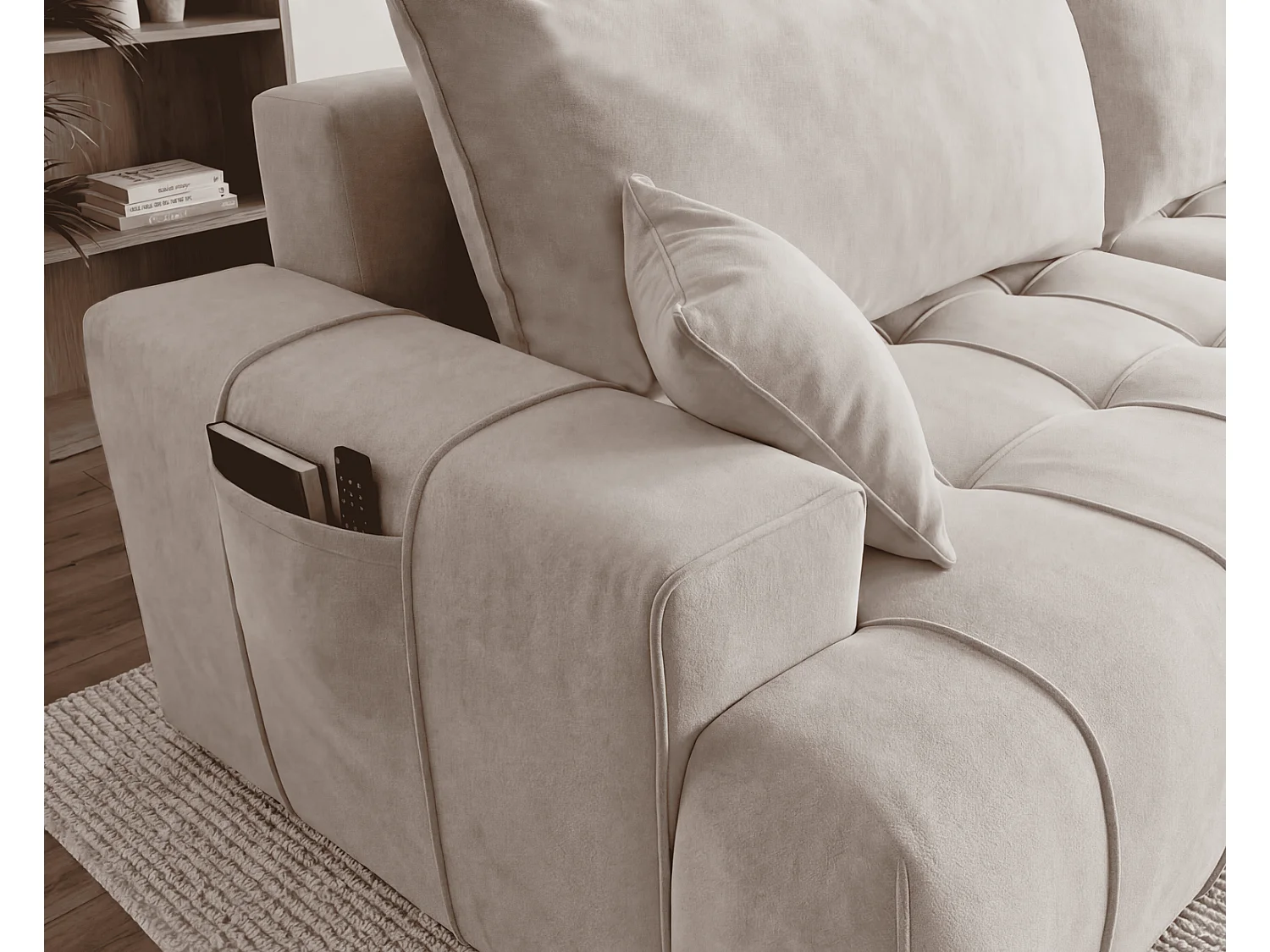 Canapé d'angle moderne Arvio 270 cm, convertible avec rangement, canapé design pour salon, droite, beige