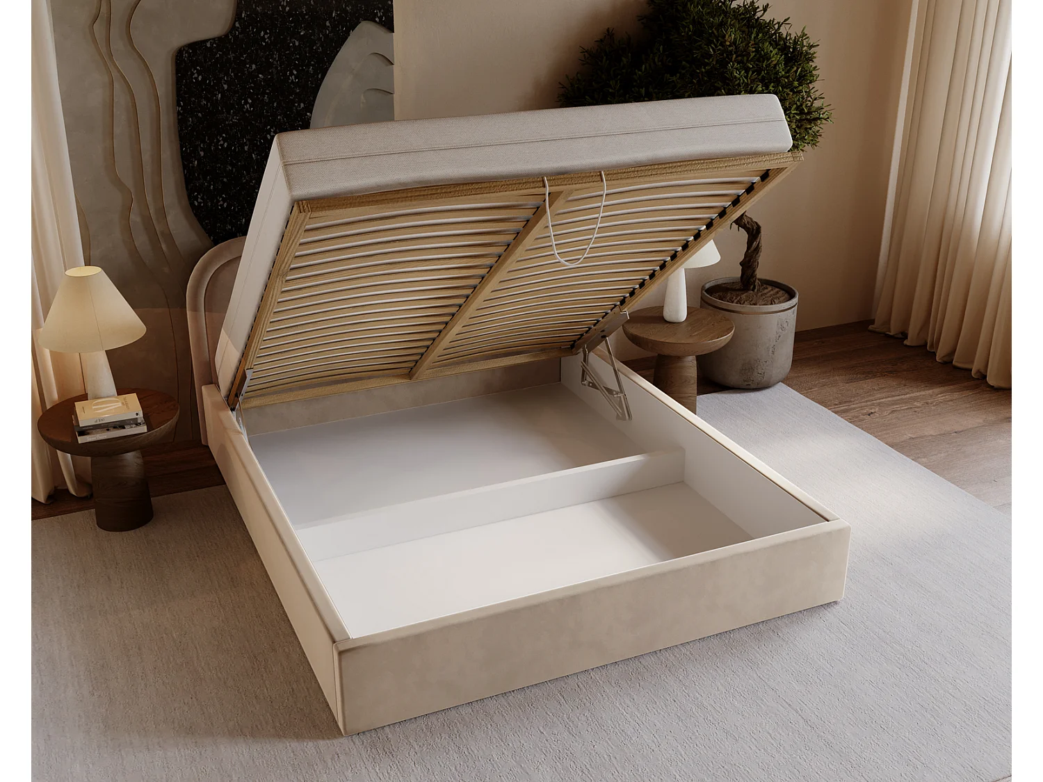 Lit coffre 140x200 Dune avec tête de lit arrondie, sommier à lattes, lit double, Beige