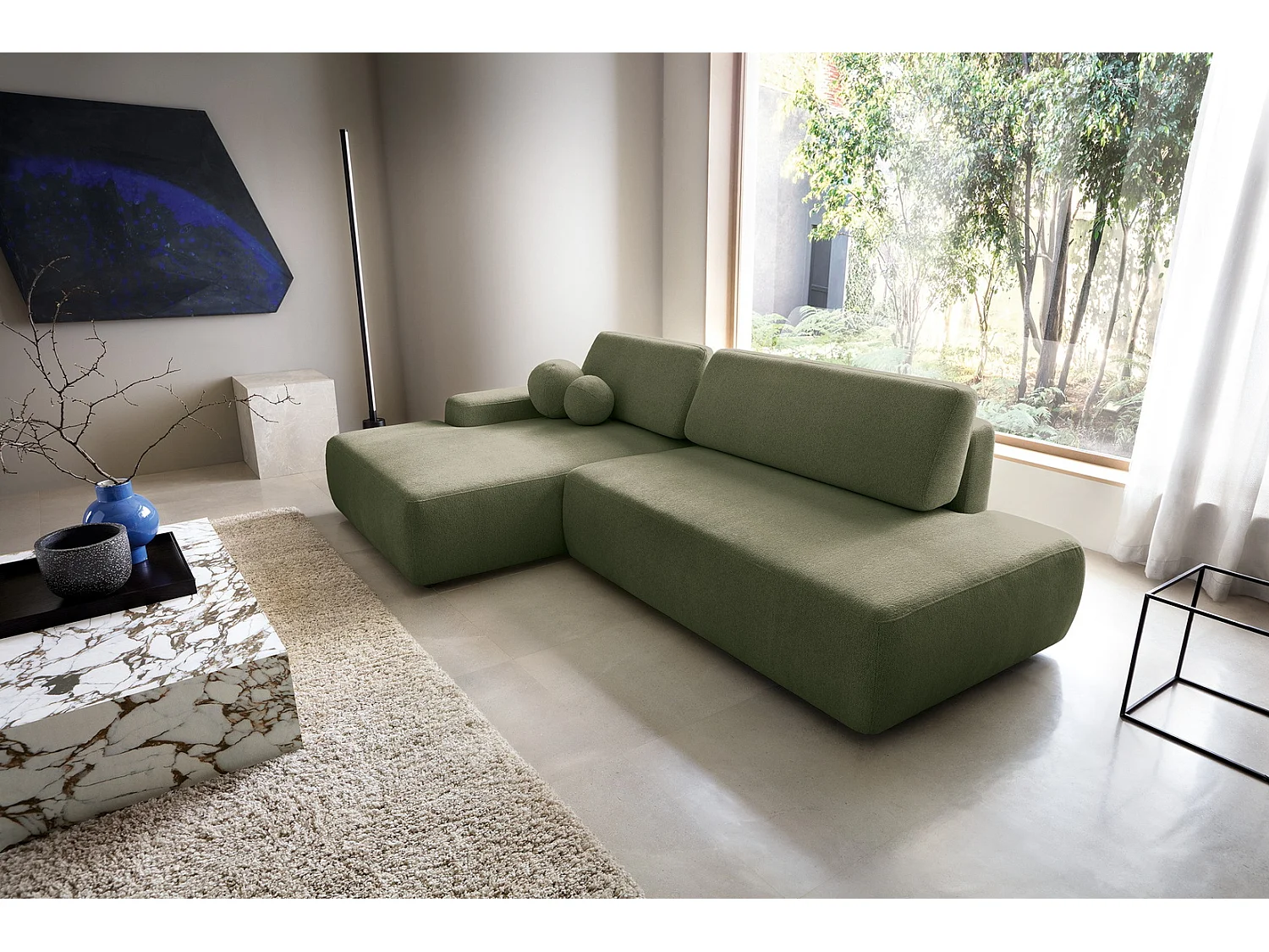 Canapé d'angle Orea O avec rangement design aux formes arrondies - canapé d'angle convertible, gauche, vert