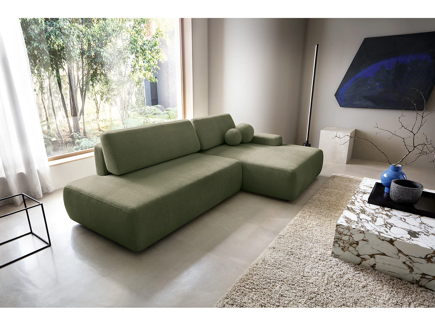 Canapé d'angle Orea O avec rangement design aux formes arrondies - canapé d'angle convertible, droit, vert