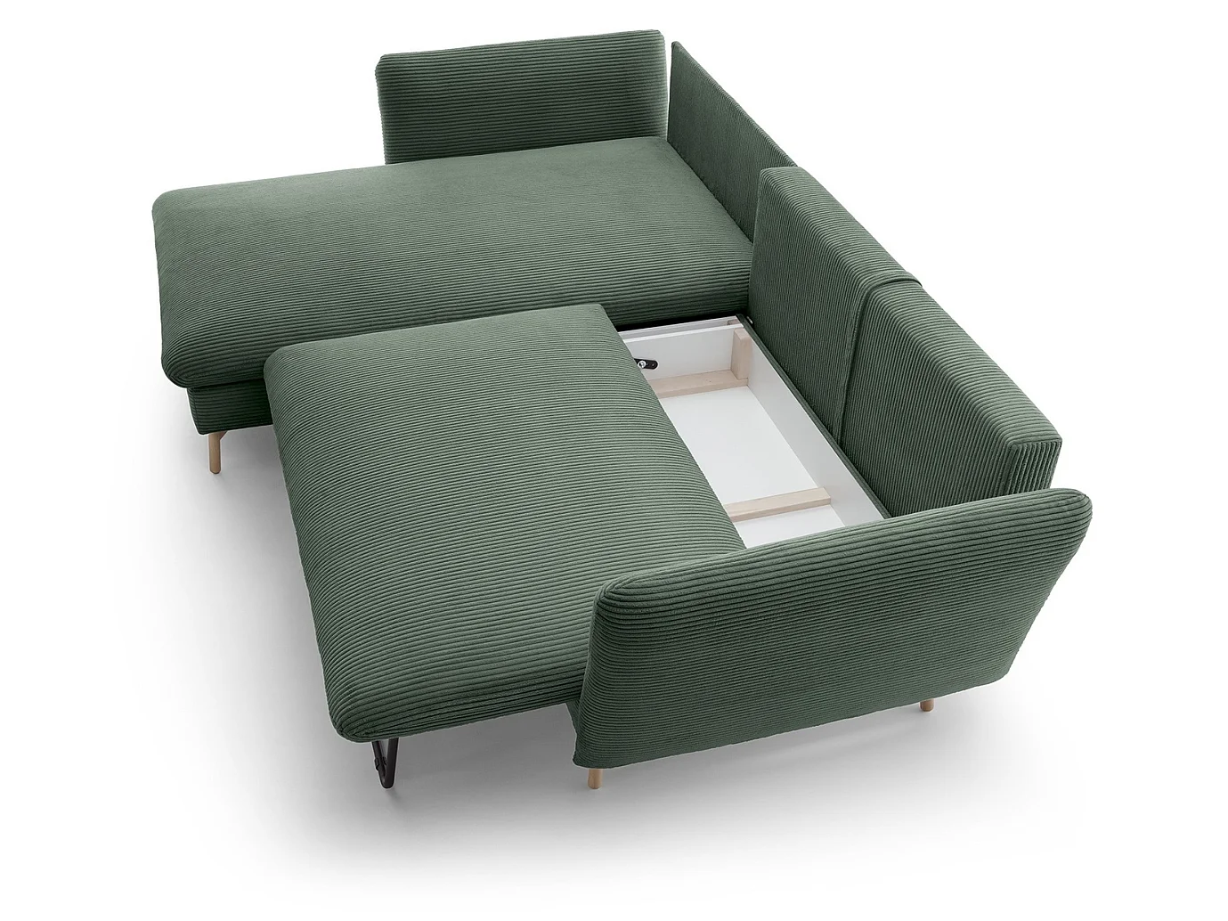 Canapé d'angle convertible Savona 260 cm, velours côtelé, gauche - canapé d'angle avec coffre de rangement, vert