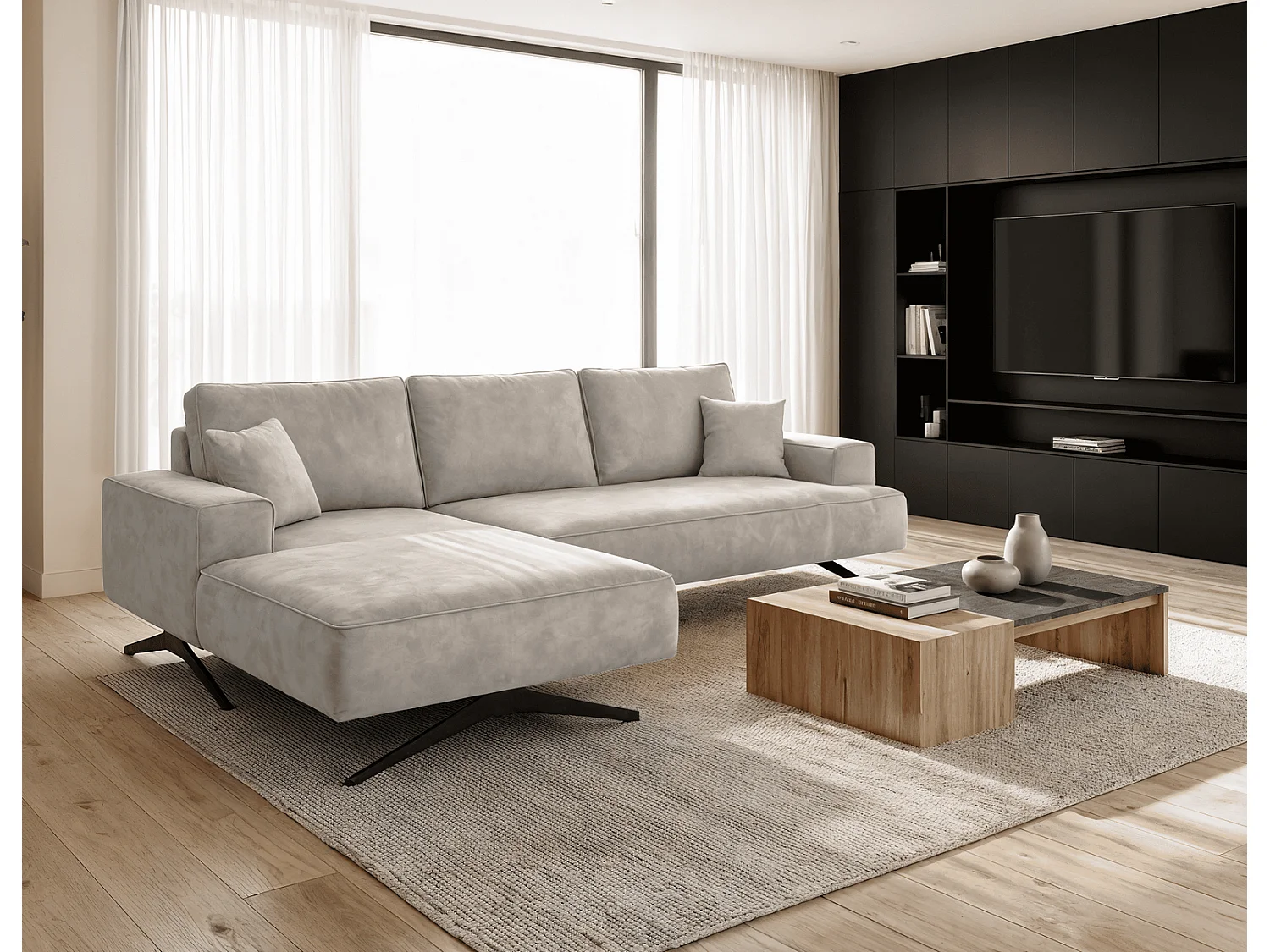Ecksofa Zenaro in L-Form auf Füßen - modernes Design, Sofa 260 cm, links, Hellgrau
