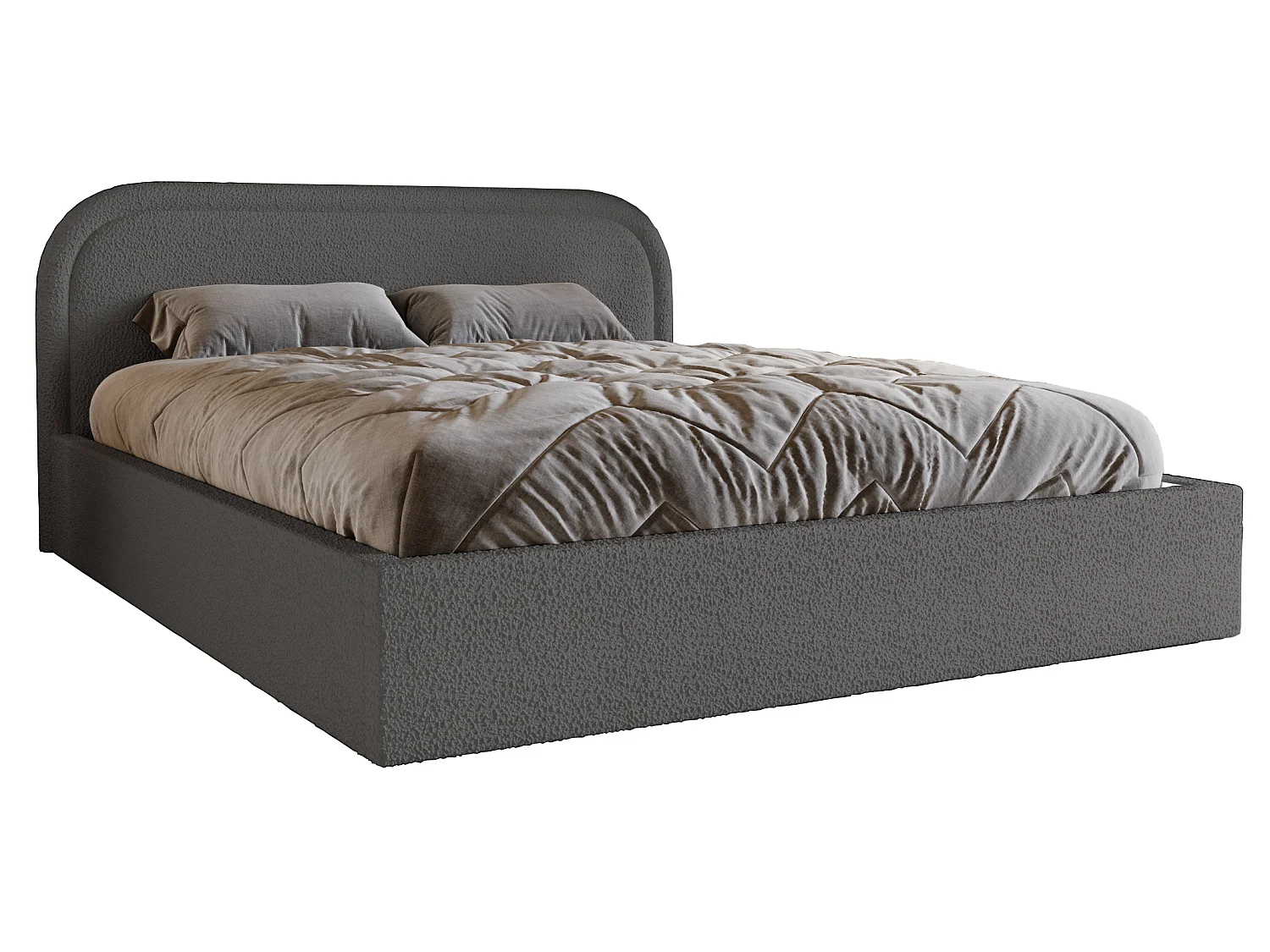 Lit bouclé 140x200 Dune avec tête de lit arrondie, coffre de rangement, sommier à lattes, Gris foncé