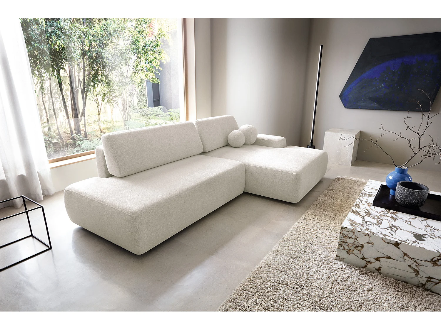 Canapé d'angle Orea O avec rangement design aux formes arrondies - canapé d'angle convertible, droit, beige