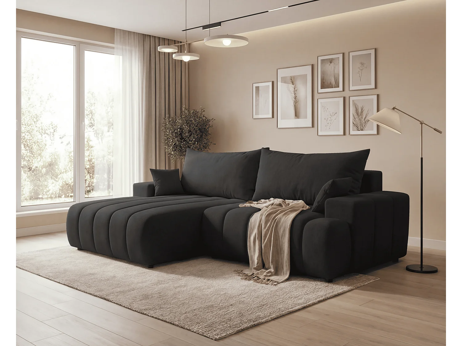Canapé d'angle Hago 270 cm avec coffre de rangement, canapé convertible moderne, gauche, noir