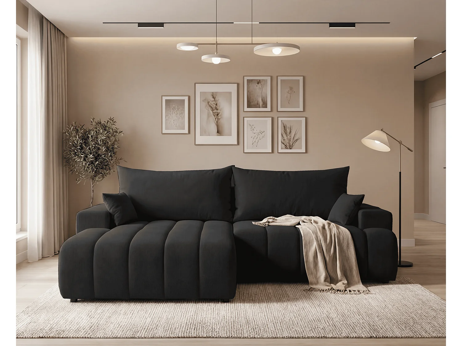 Canapé d'angle Hago 270 cm avec coffre de rangement, canapé convertible moderne, gauche, noir