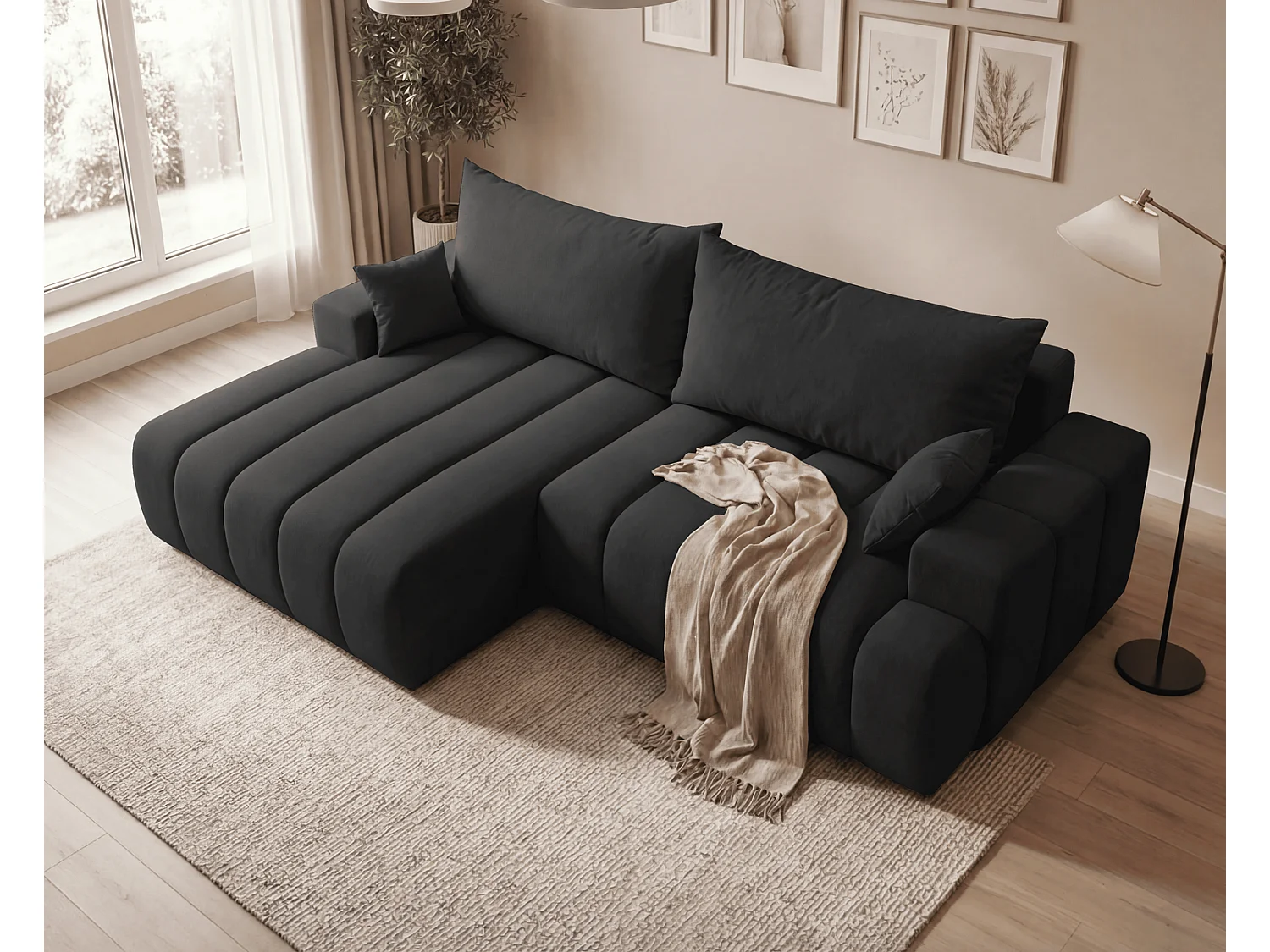 Canapé d'angle Hago 270 cm avec coffre de rangement, canapé convertible moderne, gauche, noir