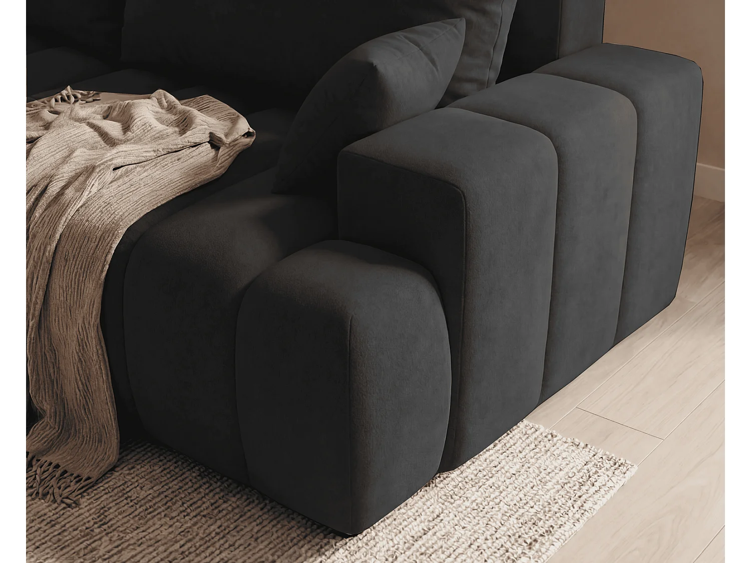Canapé d'angle Hago 270 cm avec coffre de rangement, canapé convertible moderne, gauche, noir