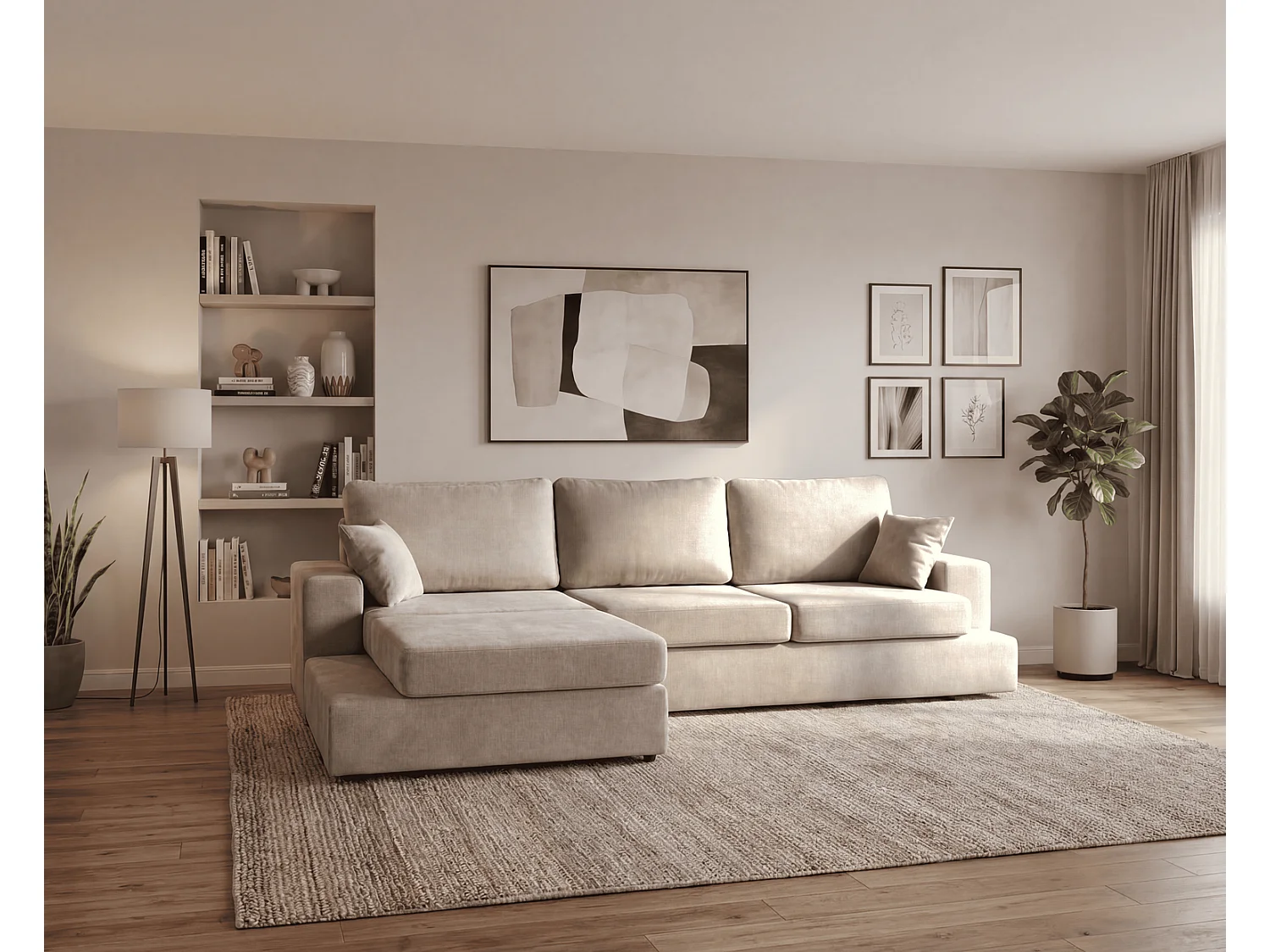 Canapé d'angle moelleux Fidenzo 260 cm, gauche, non convertible, design moderne, beige