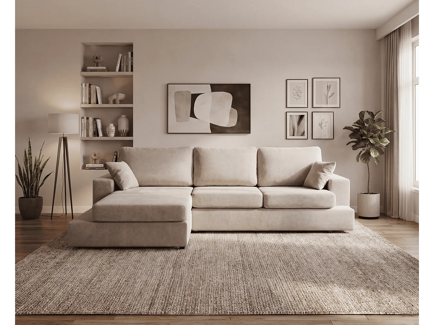 Canapé d'angle moelleux Fidenzo 260 cm, gauche, non convertible, design moderne, beige