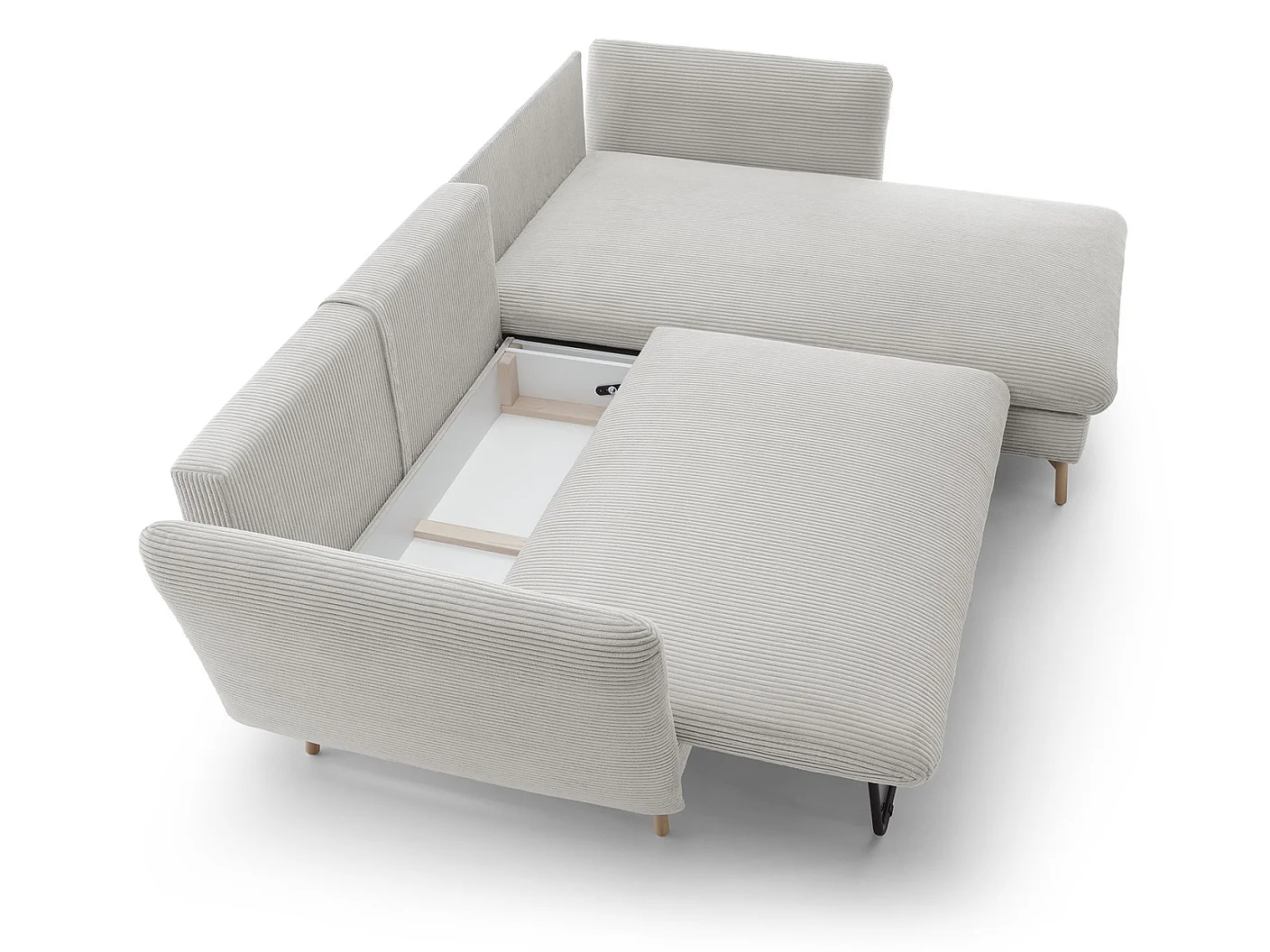 Canapé d'angle convertible Savona 260 cm, velours côtelé, droite - canapé d'angle avec coffre de rangement, vanille