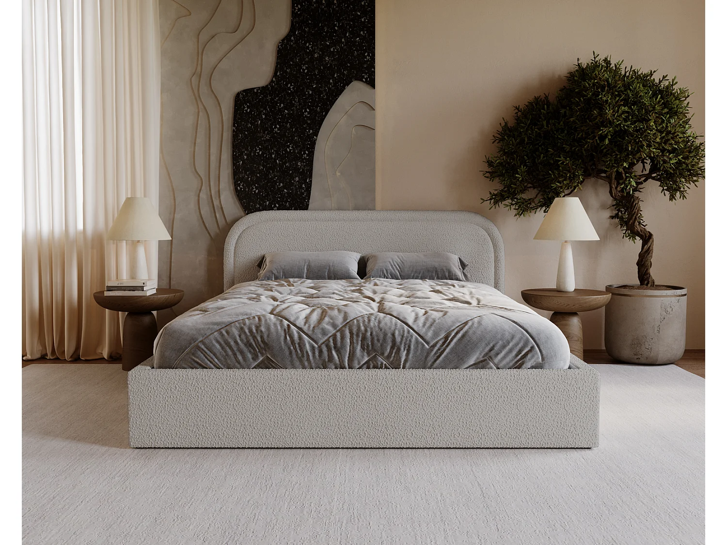 Lit bouclé 140x200 Dune avec tête de lit arrondie, coffre de rangement, sommier à lattes, Gris clair