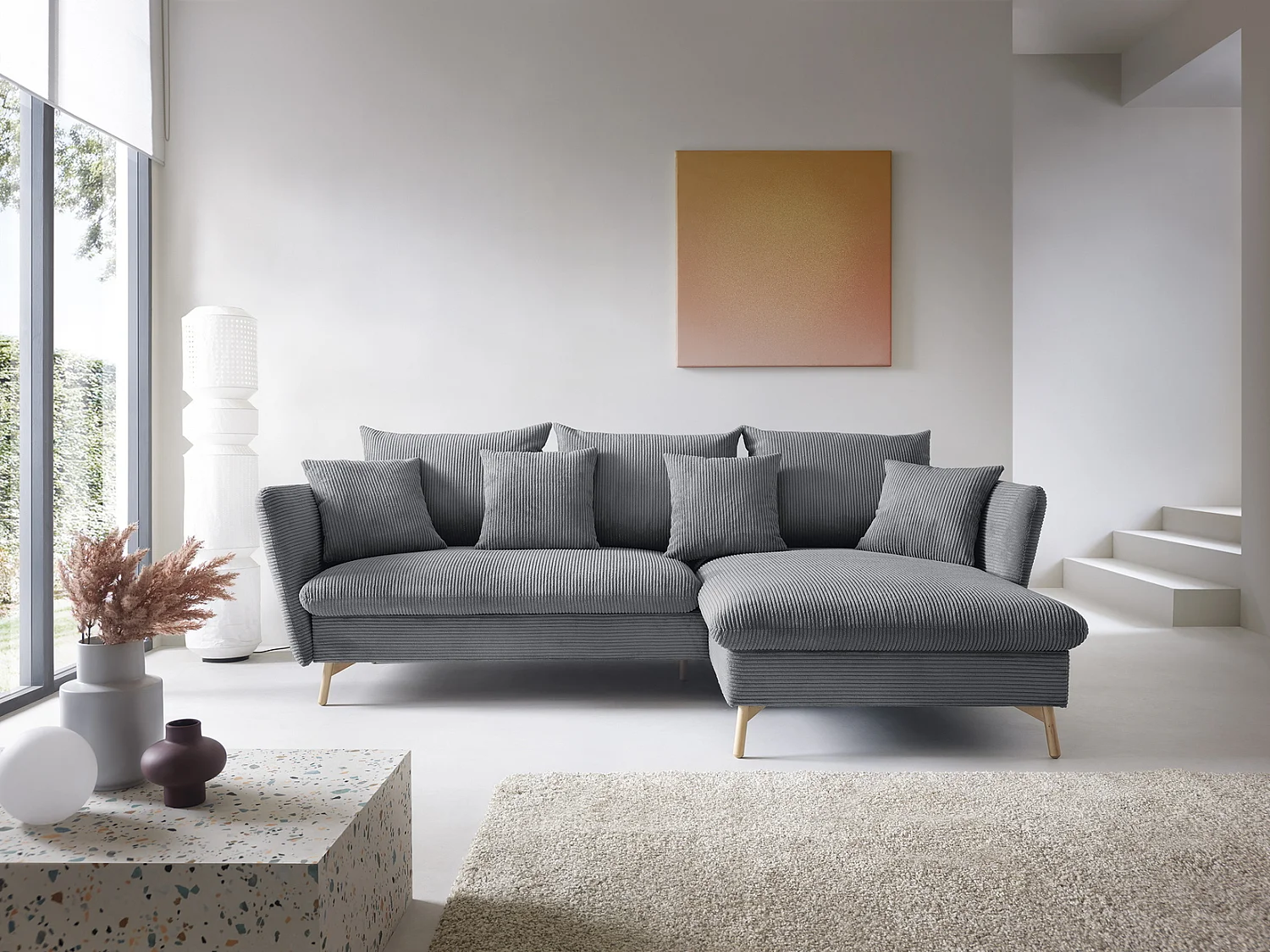 Canapé d'angle convertible Savona 260 cm, velours côtelé, droite - canapé d'angle avec coffre de rangement, gris