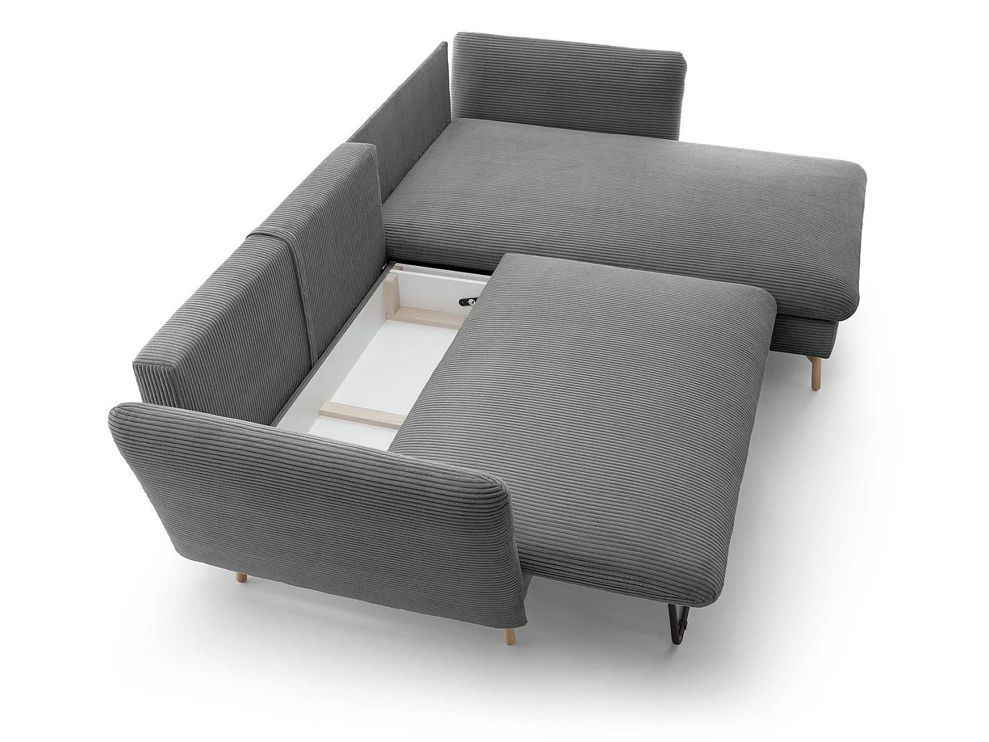 Canapé d'angle convertible Savona 260 cm, velours côtelé, droite - canapé d'angle avec coffre de rangement, gris