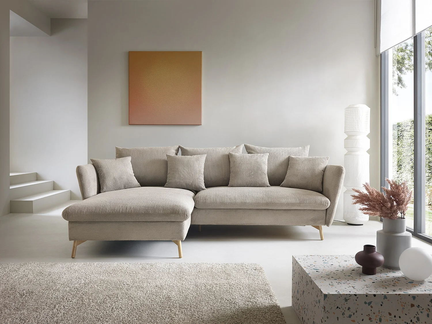 Canapé d'angle convertible Savona 260 cm, velours côtelé, gauche - canapé d'angle avec coffre de rangement, beige