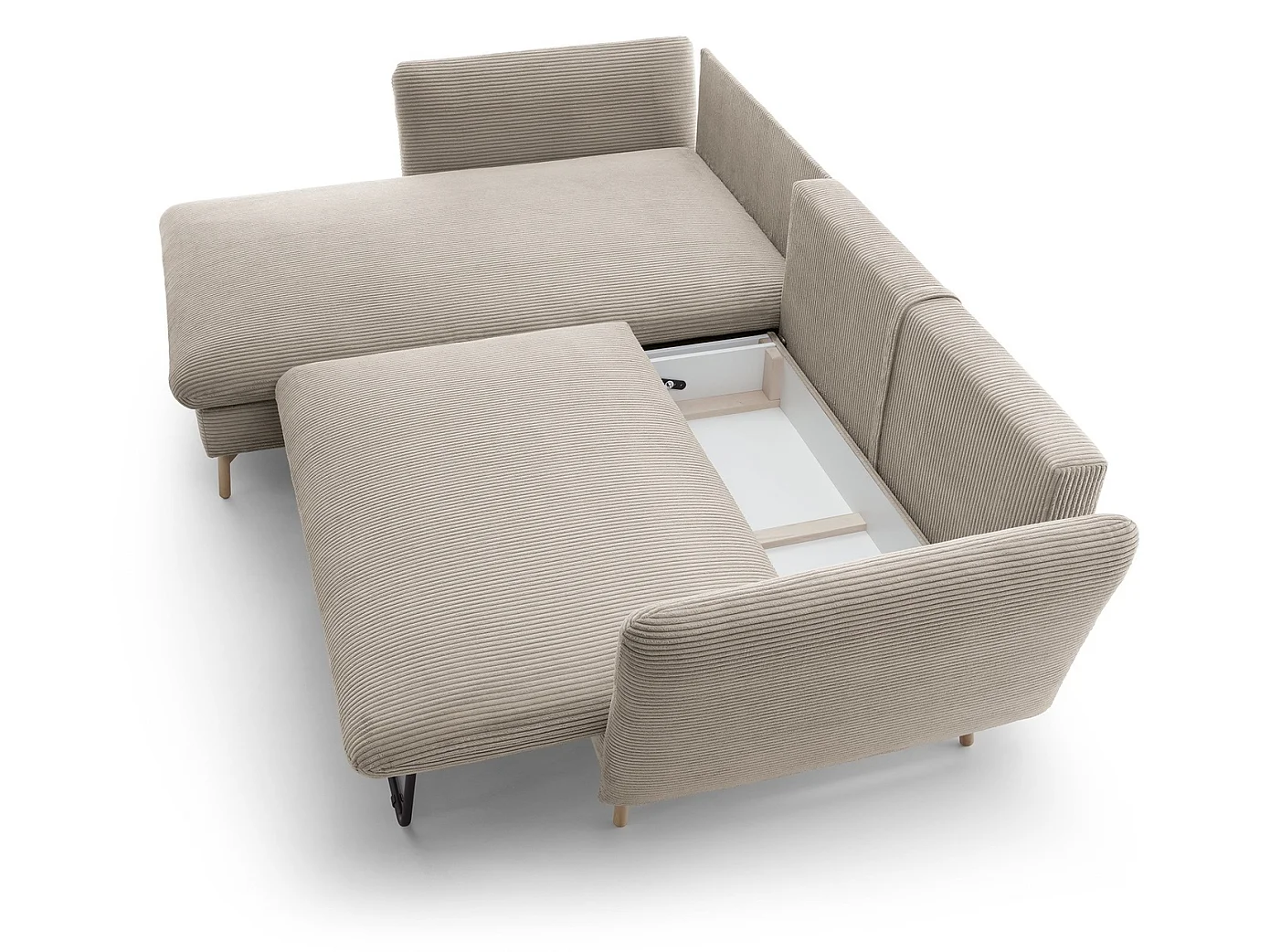 Canapé d'angle convertible Savona 260 cm, velours côtelé, gauche - canapé d'angle avec coffre de rangement, beige