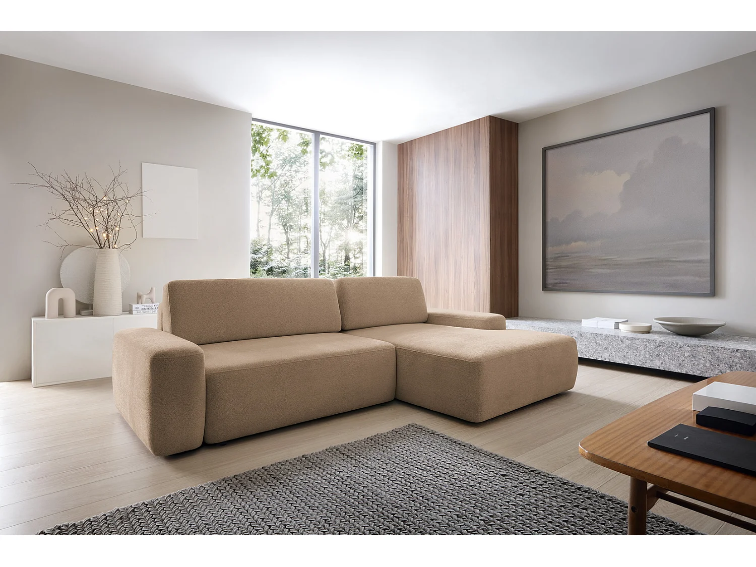 Canapé d'angle Orea M 265 cm convertible - formes arrondies, design moderne, canapé d'angle avec rangement, droite, brun clair