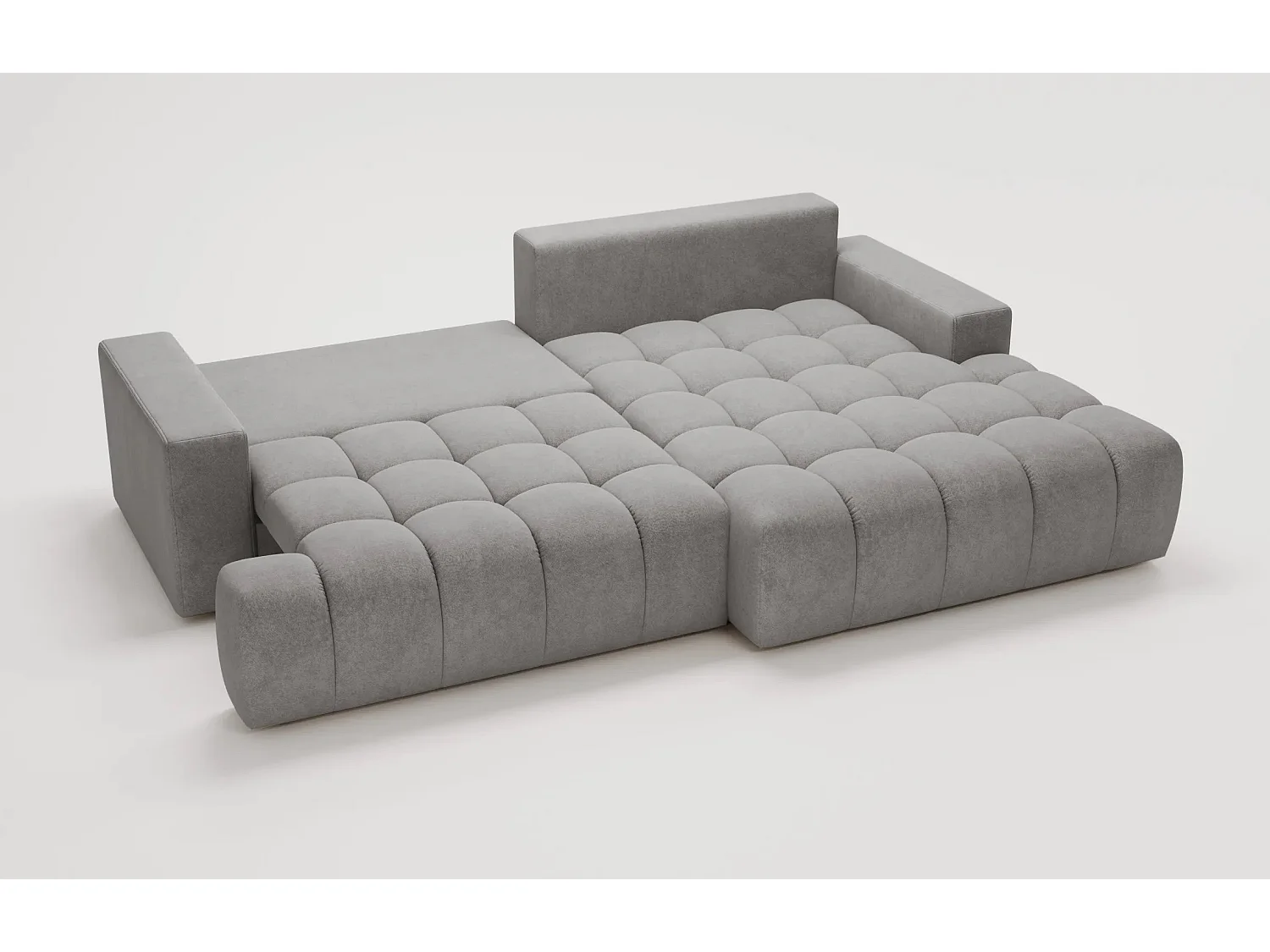 Canapé d'angle convertible Novira 270 cm pour salon, style moderne, coffre de rangement, coussins, droite, gris