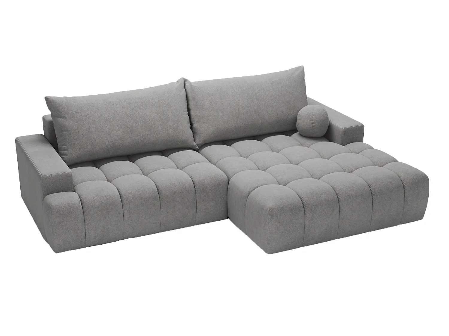 Canapé d'angle convertible Novira 270 cm pour salon, style moderne, coffre de rangement, coussins, droite, gris