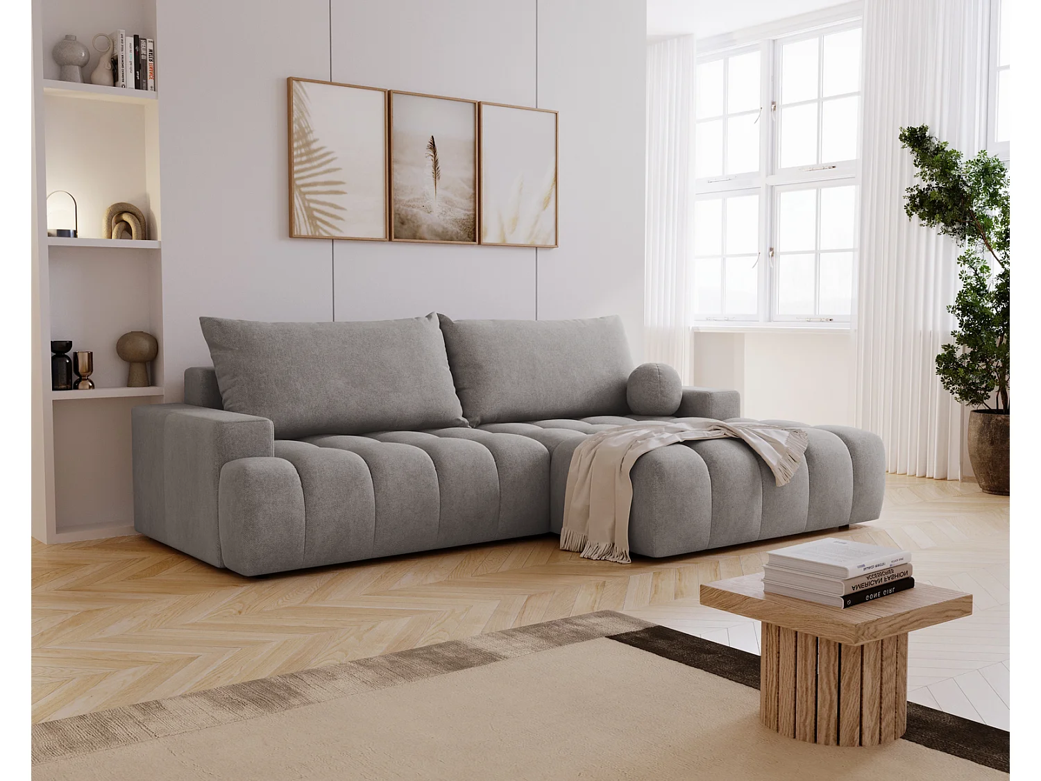 Canapé d'angle convertible Novira 270 cm pour salon, style moderne, coffre de rangement, coussins, droite, gris