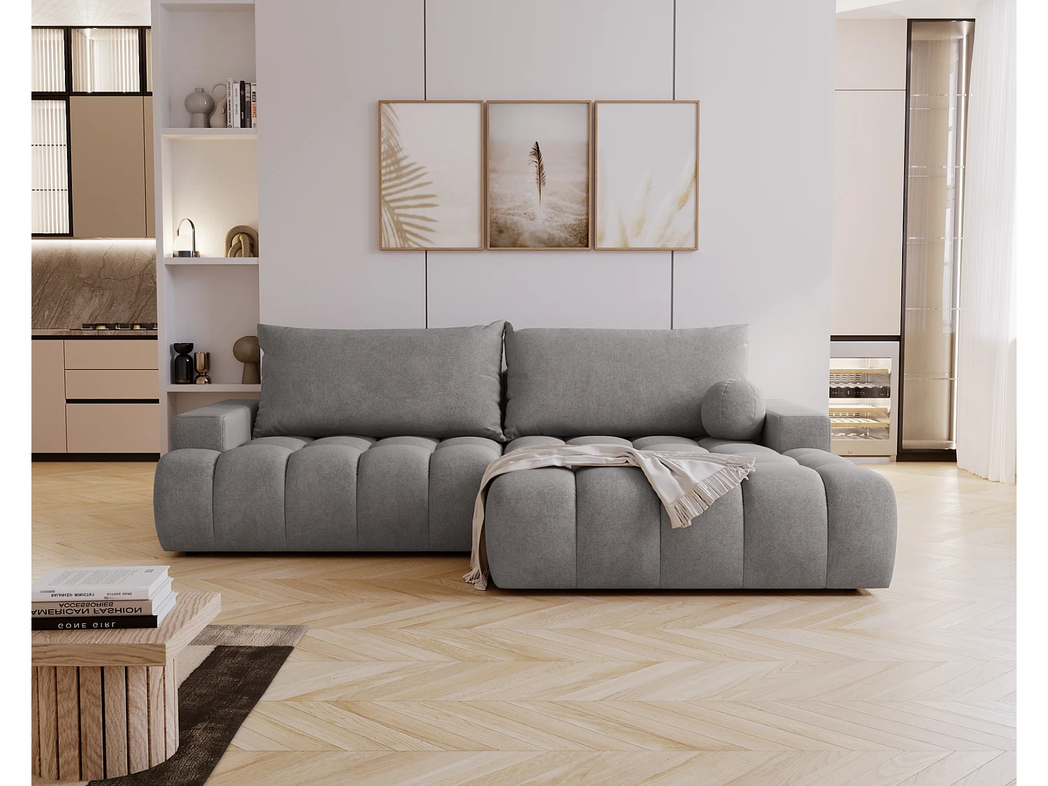 Canapé d'angle convertible Novira 270 cm pour salon, style moderne, coffre de rangement, coussins, droite, gris
