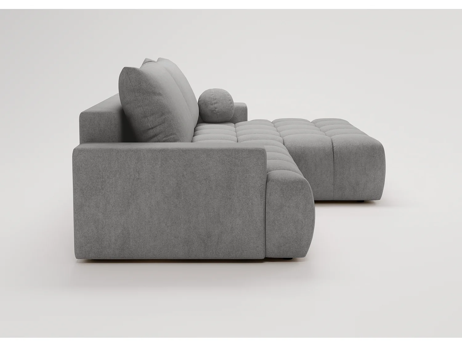 Canapé d'angle convertible Novira 270 cm pour salon, style moderne, coffre de rangement, coussins, droite, gris