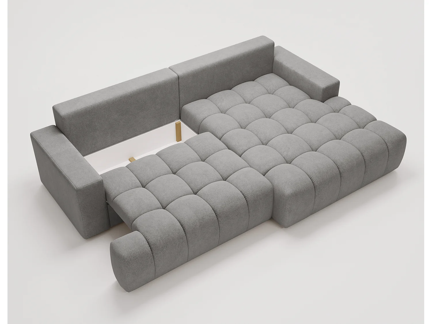 Canapé d'angle convertible Novira 270 cm pour salon, style moderne, coffre de rangement, coussins, droite, gris