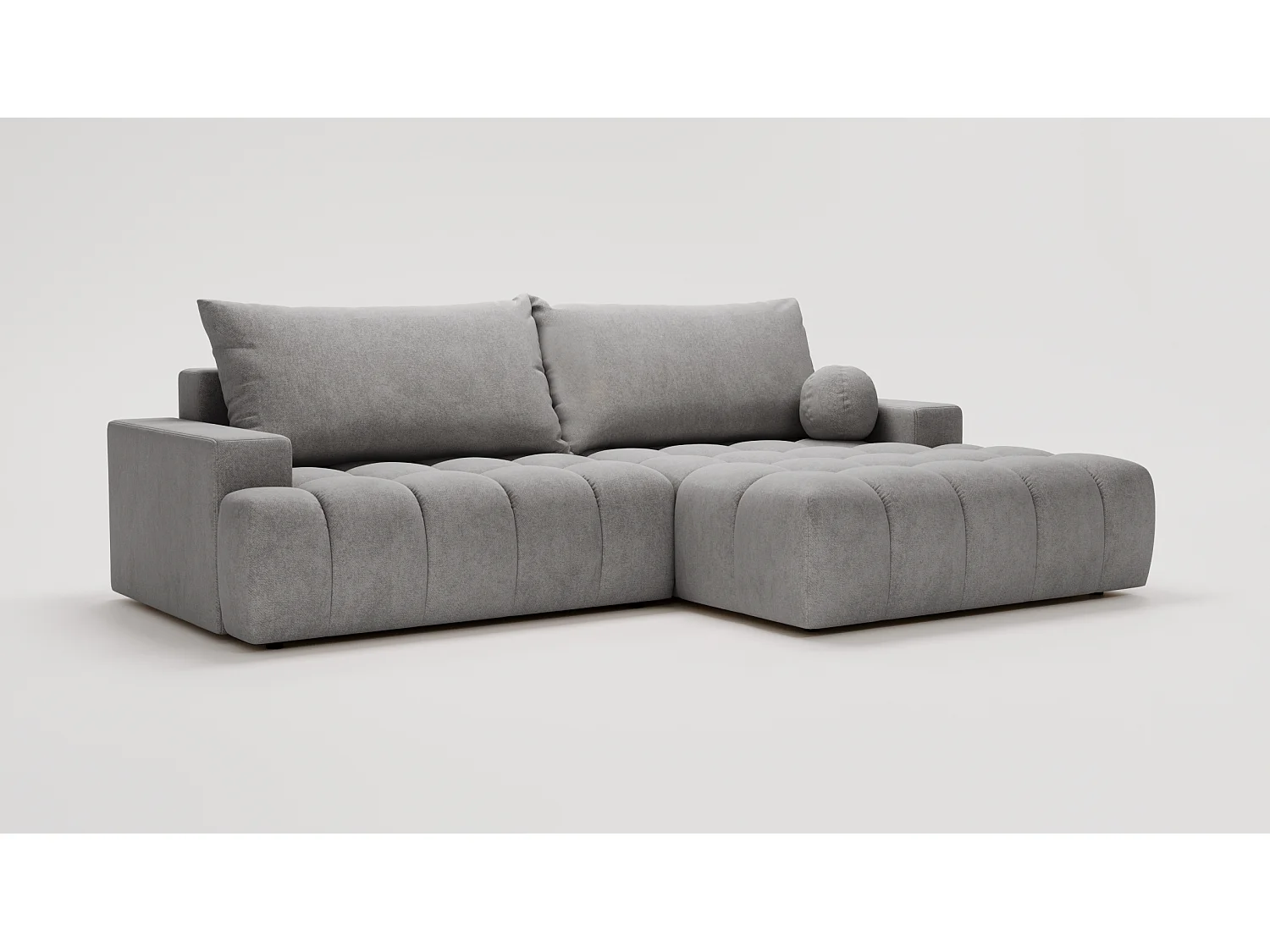 Canapé d'angle convertible Novira 270 cm pour salon, style moderne, coffre de rangement, coussins, droite, gris