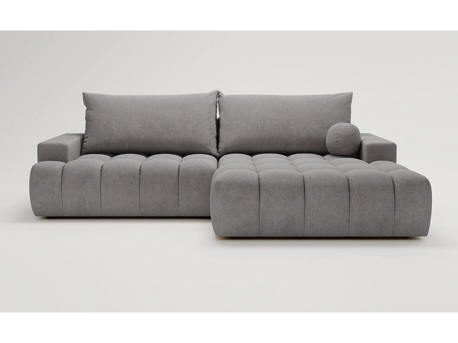 Canapé d'angle convertible Novira 270 cm pour salon, style moderne, coffre de rangement, coussins, droite, gris