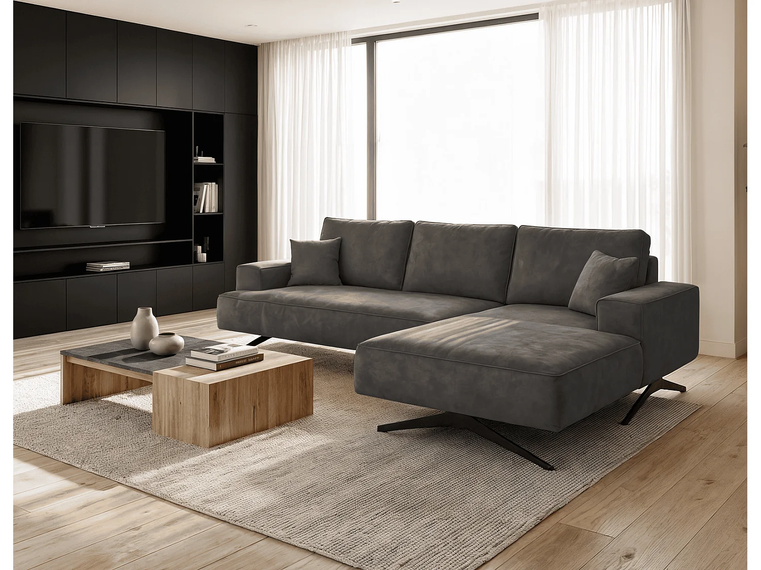 Ecksofa Zenaro in L-Form auf Füßen - modernes Design, Sofa 260 cm, rechts, Dunkelgrau