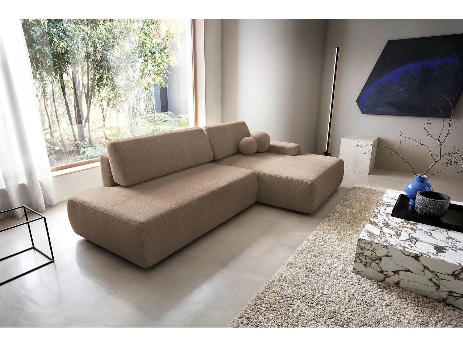 Canapé d'angle Orea O avec rangement design aux formes arrondies - canapé d'angle convertible, droit, marron